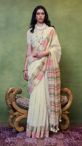 Off White and Green Line Patterned Handloom Cotton Saree
